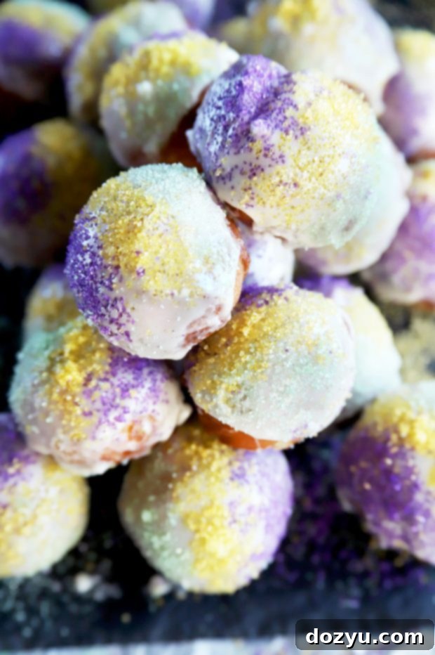Freshly made King Cake Donut Holes ready to serve