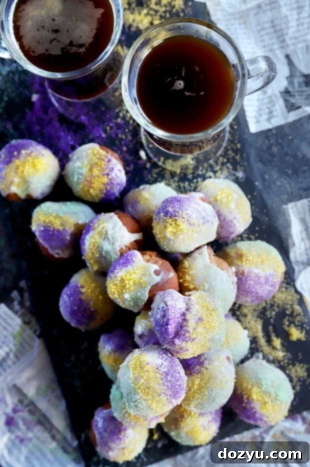 Mini King Cake Donut Holes ready for Mardi Gras