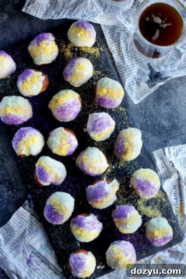 Close-up of King Cake Donut Holes with sprinkles