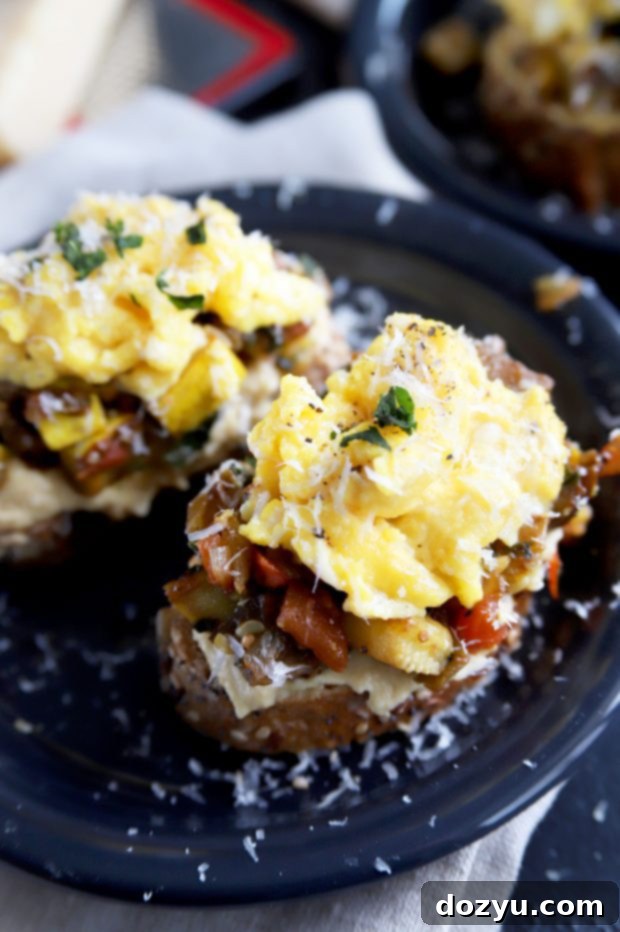 Ratatouille Hummus Toast with Soft Scrambled Eggs
