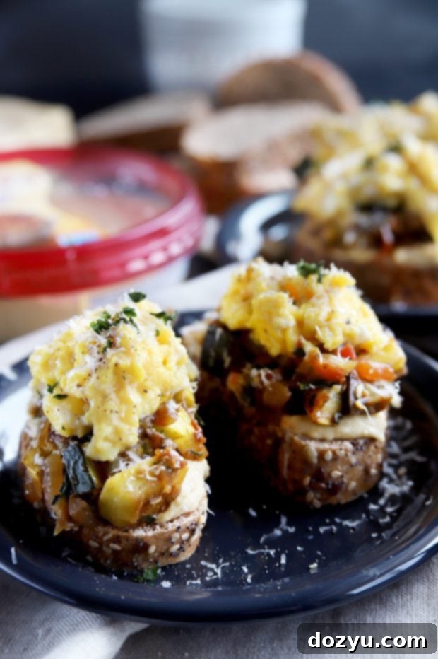 Ratatouille Hummus Toast with Soft Scrambled Eggs