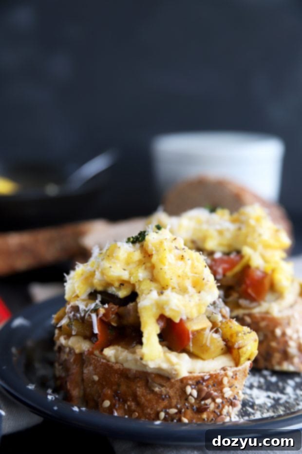 Ratatouille Hummus Toast with Soft Scrambled Eggs