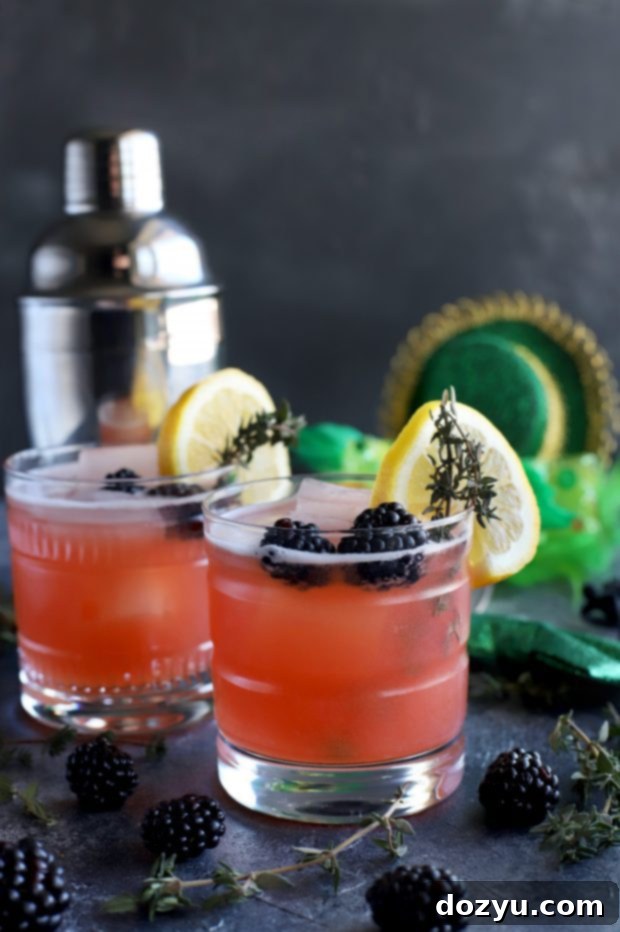 The Bramble & Thyme Irish Whiskey Sour 8 Blackberry Thyme Irish Whiskey Sour in a clear glass with a lemon slice, blackberries, and thyme.