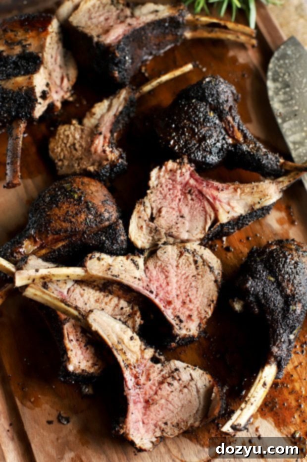 A whole Chipotle Coffee Crusted Rack of Lamb being carefully removed from a hot cast iron skillet in the oven