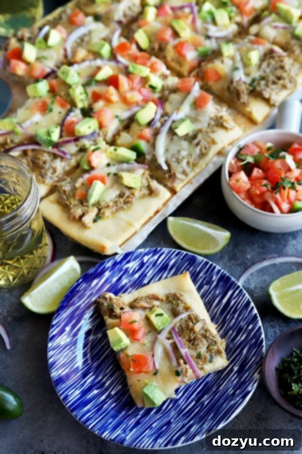 Serving suggestion for Avocado Pulled Pork Flatbread with Grilled Tomatillo Salsa.