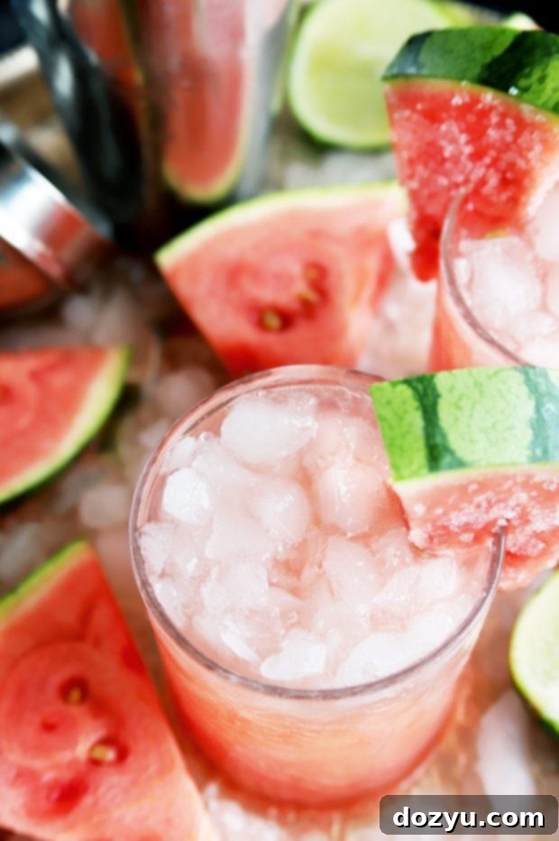 Hand holding a Salted Watermelon Grapefruit Paloma with a salted watermelon garnish, emphasizing the refreshing appeal.