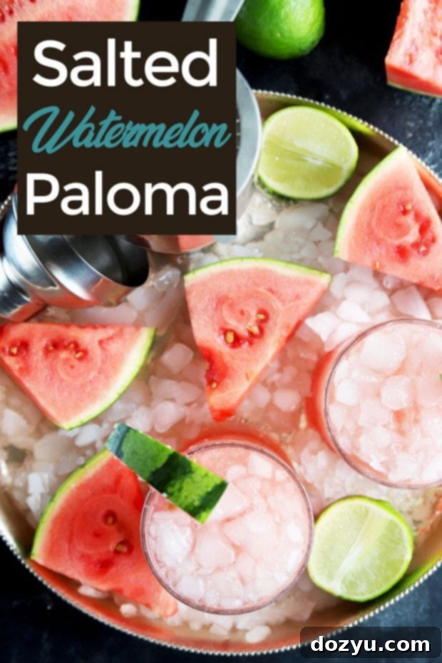 Pinterest graphic for Salted Watermelon Grapefruit Paloma, featuring the cocktail and key ingredients, encouraging saving the recipe.