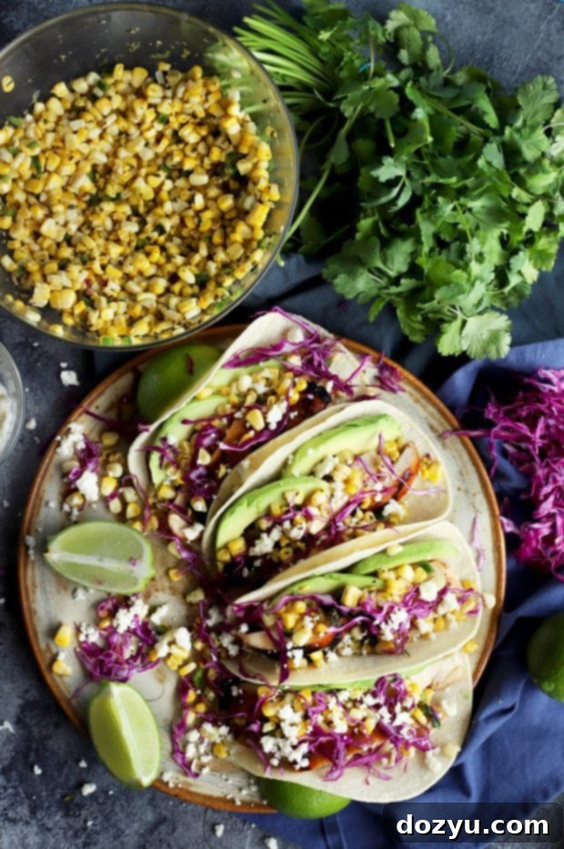 Close-up of Charred Corn Chicken Avocado Tacos showing ingredients