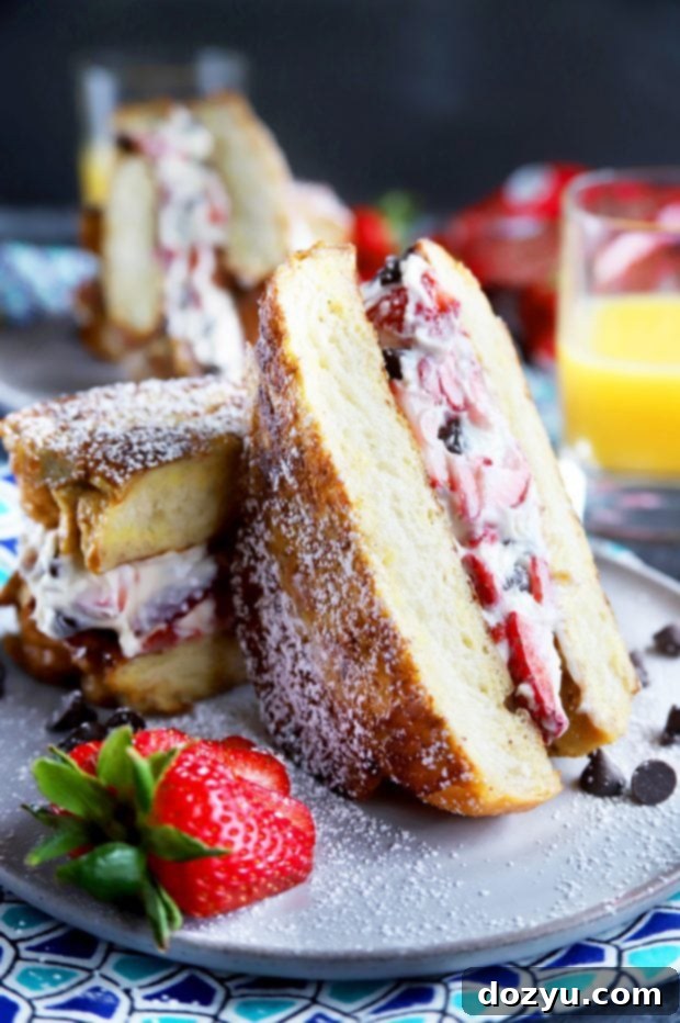 Close-up of a golden-brown stuffed French toast recipe, perfectly cooked