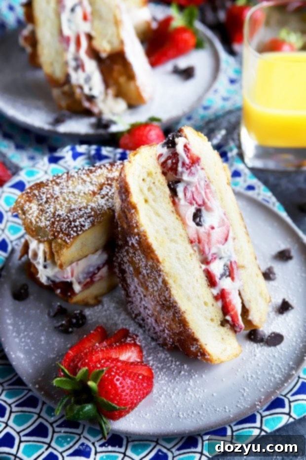 An easy and elegant brunch recipe idea, showing stuffed French toast with fresh berries