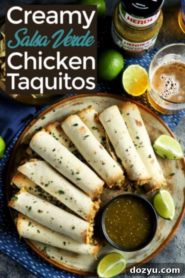 Pinterest image promoting Creamy Salsa Verde Chicken Baked Taquitos recipe for easy Mexican dinner ideas