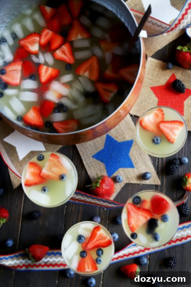 Patriotic Brunch Punch 2 Red white and blue brunch punch in glasses and punch bowl, ready for July 4th celebrations