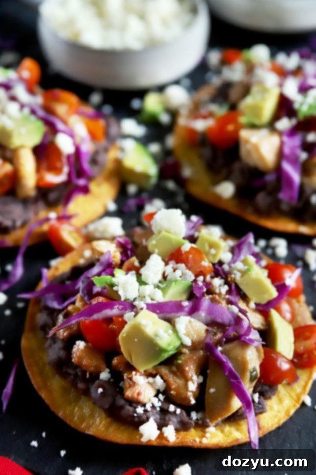 Close up tostada photograph, showing layers of chicken, beans, and fresh toppings