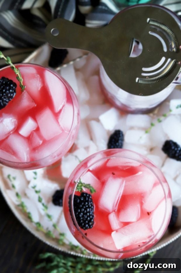 Serving gin and tonic cocktails with blackberries and thyme garnish