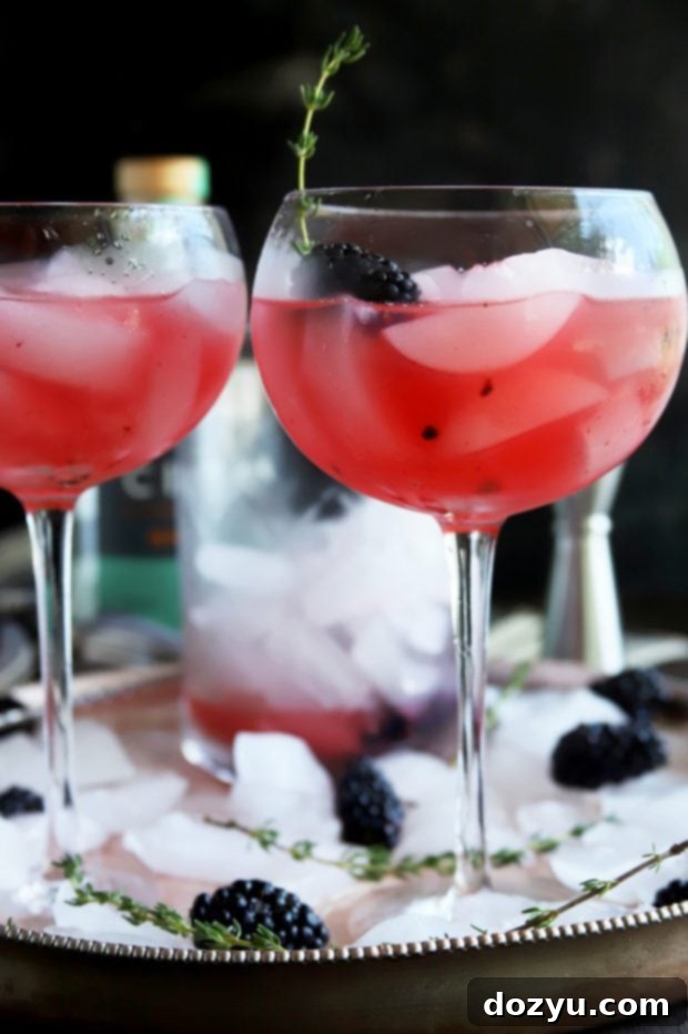 Side shot of a fruity gin and tonic cocktail with fresh garnishes