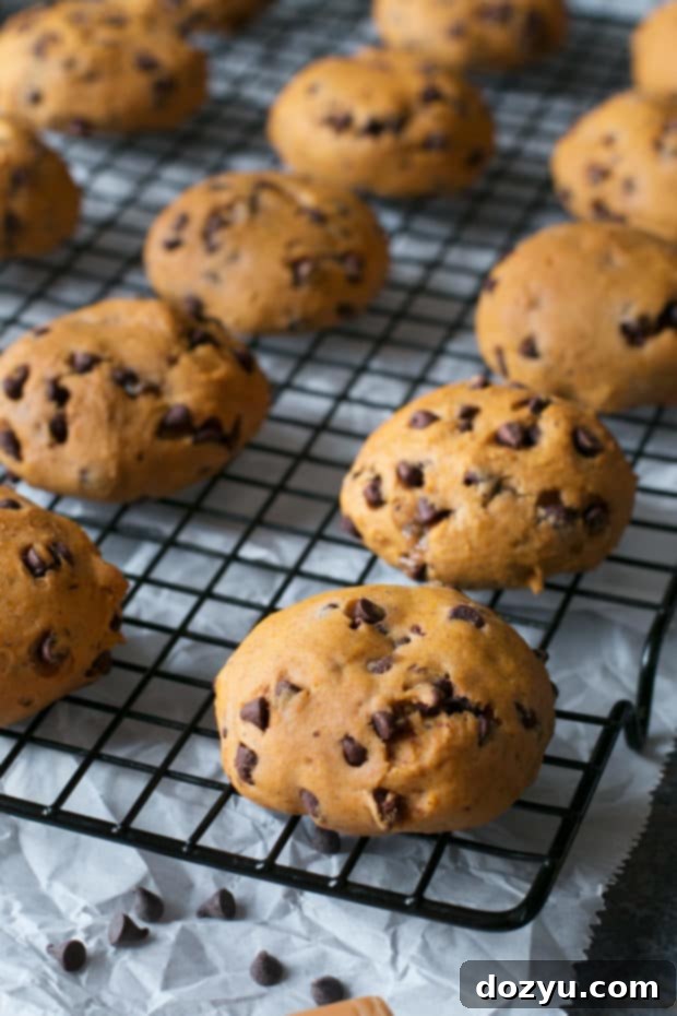 Gooey Caramel Pumpkin Cookies 5 Close-up of a caramel stuffed pumpkin cookie cut in half, showing the gooey center