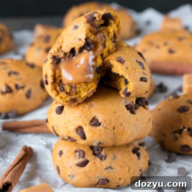 Gooey Caramel Pumpkin Cookies 9 Caramel Stuffed Pumpkin Chocolate Chip Cookies Thumbnail