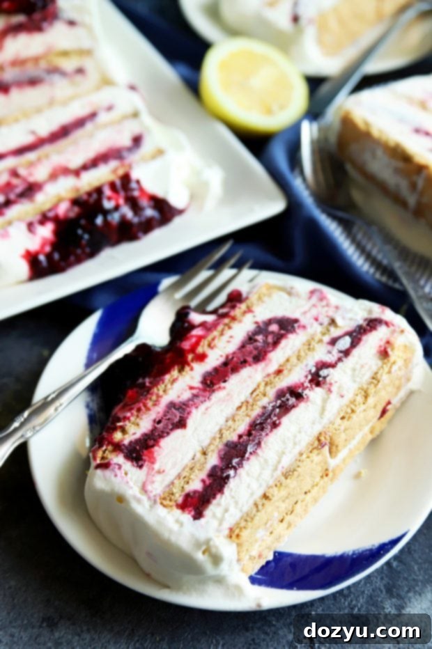 Blackberry lemon icebox cake slice close-up