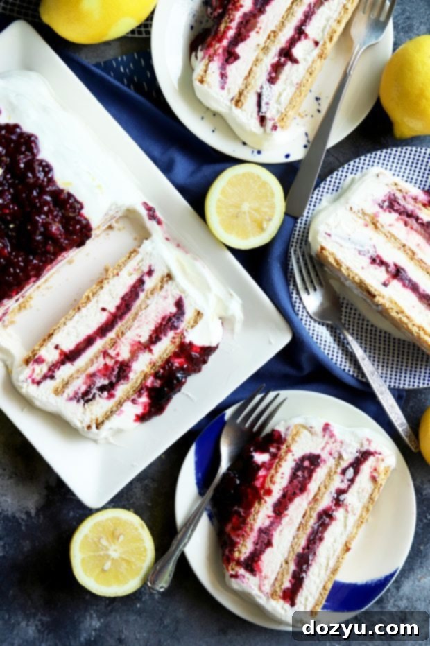 Slices of frozen icebox cake with berry topping