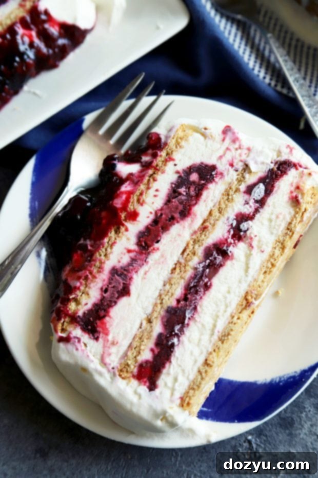 Close-up of a slice of Blackberry Lemon Icebox Cake