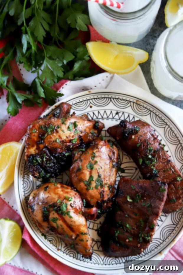 Grilled chicken thighs and steak