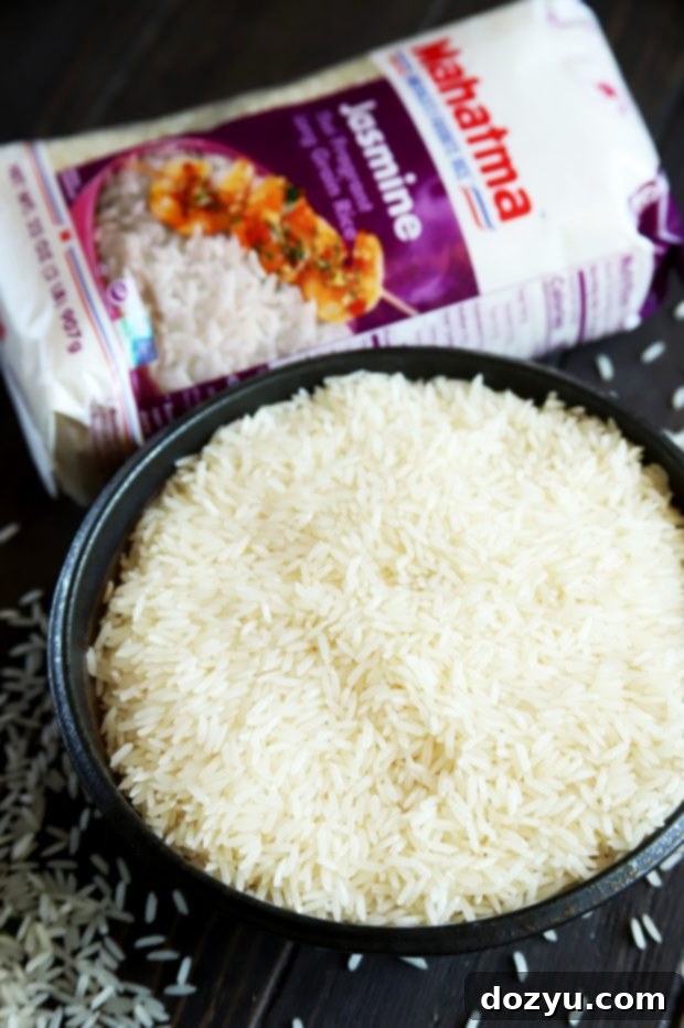 A bowl of uncooked jasmine rice, ready to be prepared
