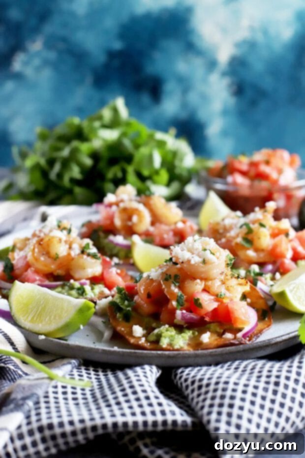 Side view of shrimp tostadas