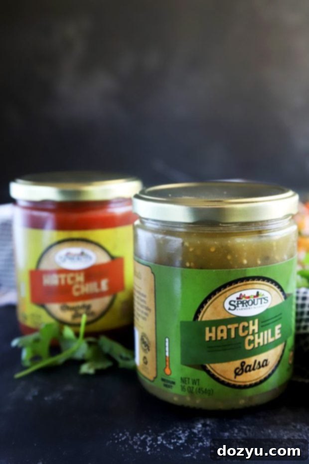 Hatch Green Chile Chicken Nacho Bites 4 Close-up picture of various Hatch chile salsas from Sprouts Farmers Market, highlighting their rich colors and textures