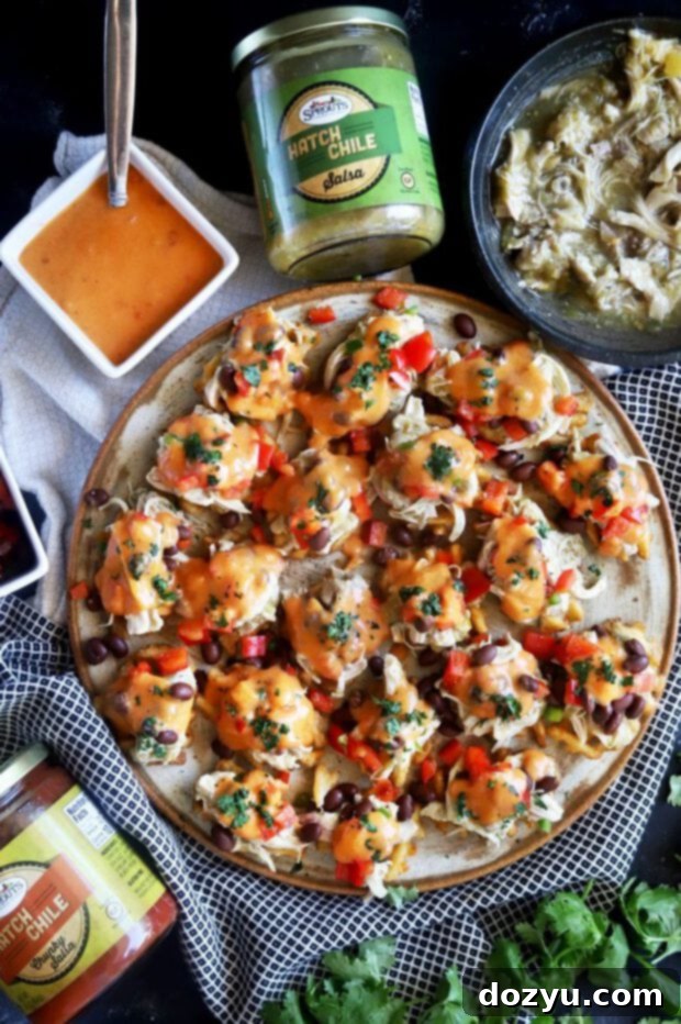 Hatch Green Chile Chicken Nacho Bites 5 Top-down photograph of a platter of Hatch Green Chile Mini Chicken Nachos, showcasing the vibrant toppings