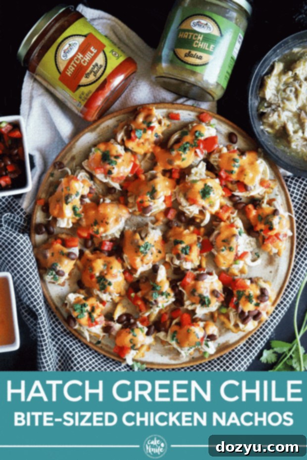 Hatch Green Chile Chicken Nacho Bites 10 Pinterest image of Hatch Green Chile Mini Chicken Nachos, optimized for sharing