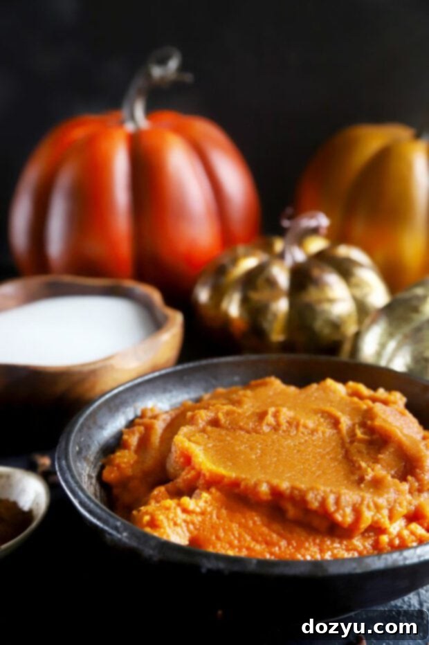 Cozy Pumpkin Spice Syrup 4 Pumpkin puree with pumpkins in the background