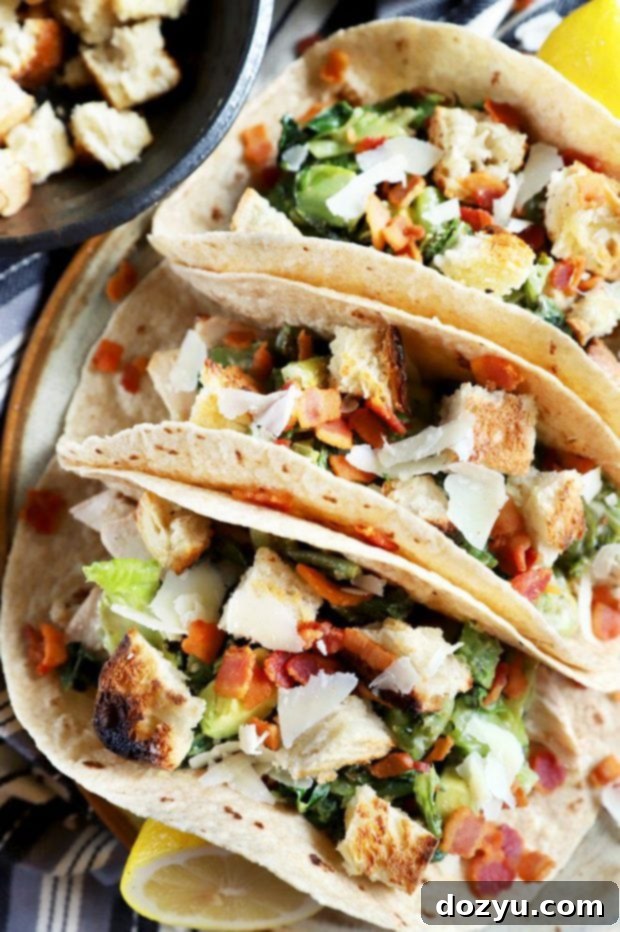 Overhead shot of Caesar salad chicken tacos