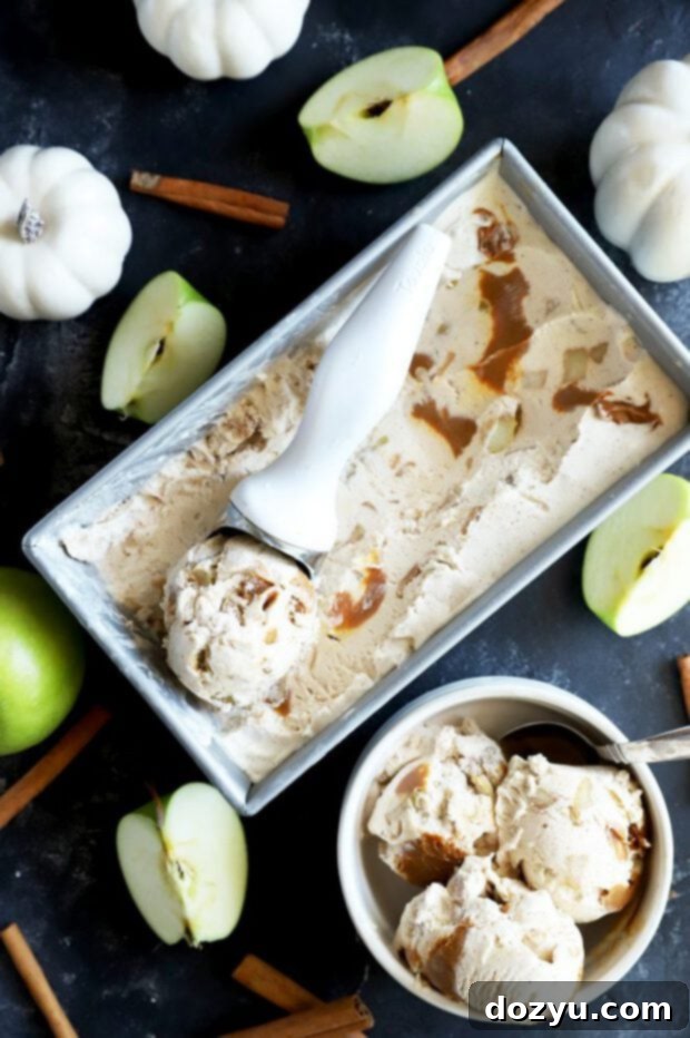 Spiced Caramel Apple Dream 2 Scooping rich caramel apple ice cream with dulce de leche swirls