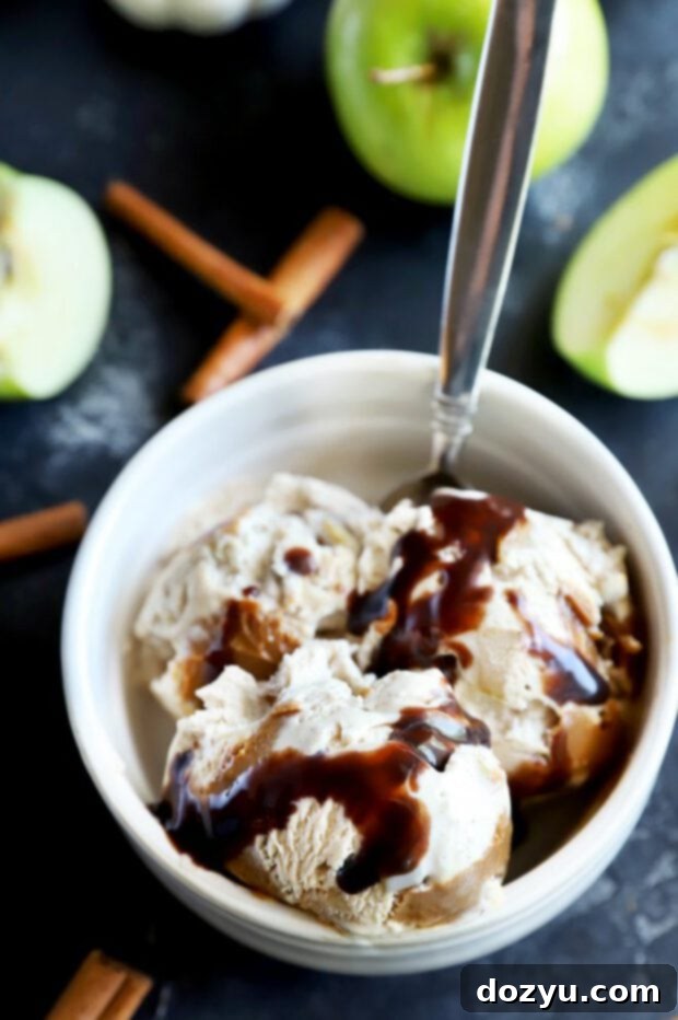 Spiced Caramel Apple Dream 5 A bowl of caramel apple ice cream drizzled with chocolate sauce