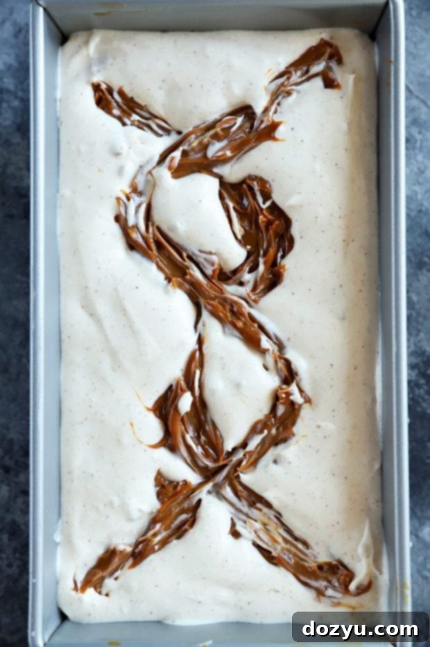 Spiced Caramel Apple Dream 7 Homemade no-churn ice cream mixture swirled with dulce de leche in a loaf pan