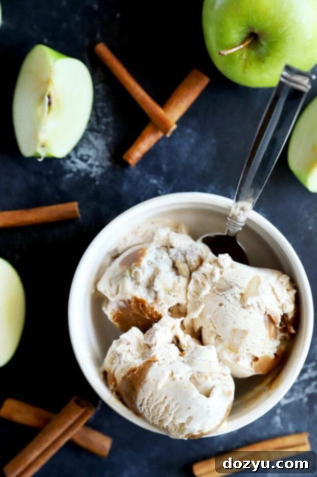 Spiced Caramel Apple Dream 9 A scoop of homemade caramel apple ice cream with a spoon in a bowl