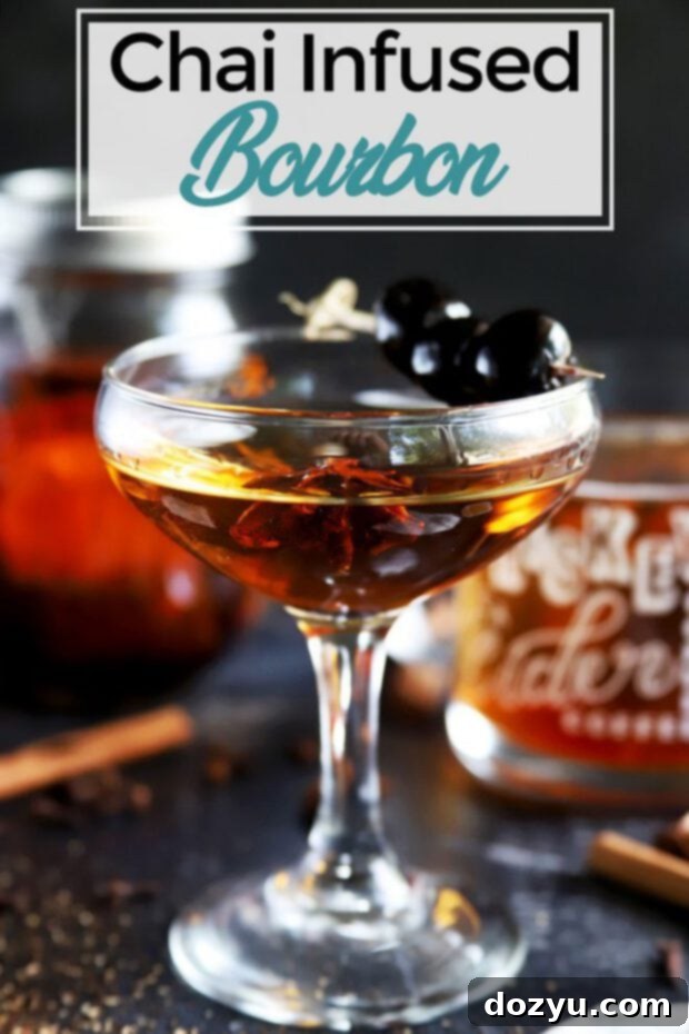 Pinterest image promoting Homemade Chai Infused Bourbon, showing a jar of infusing bourbon and a finished cocktail.