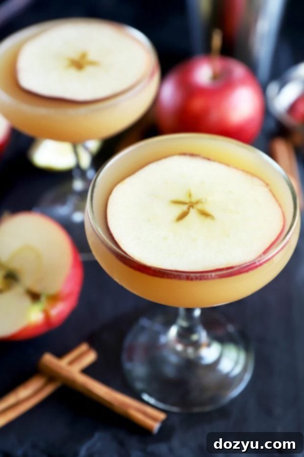 Two glasses of Apple Whiskey Sidecar cocktails with apple slices, autumn leaves, and a rustic background, perfect for fall celebrations.