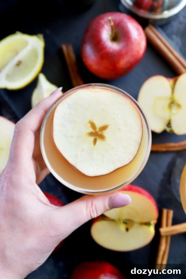A hand holding a coupe glass filled with an Apple Whiskey Sidecar cocktail, garnished with an apple slice, against a soft, autumnal backdrop.