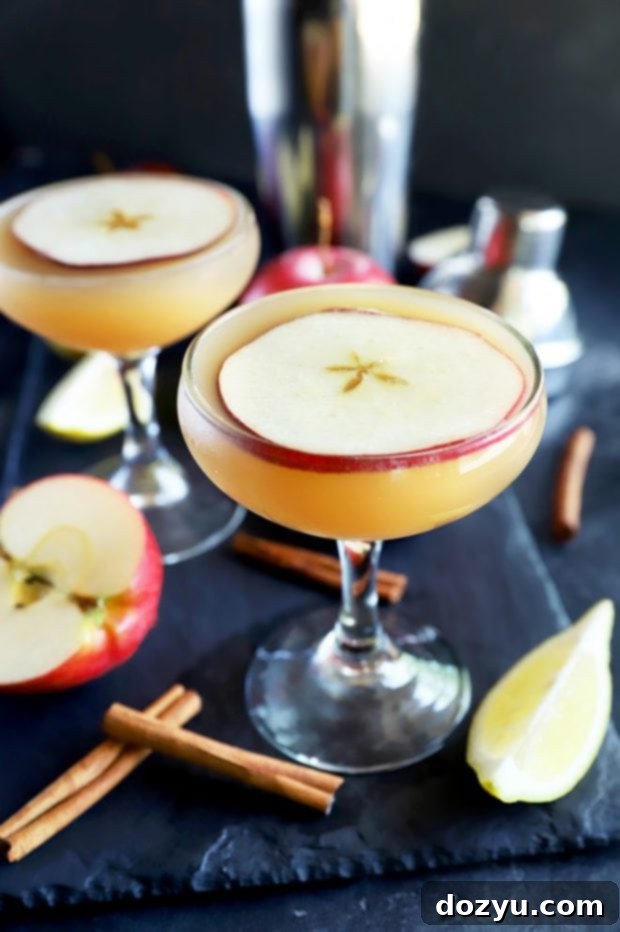 Two Apple Whiskey Sidecar cocktails beautifully presented in coupe glasses, garnished with fresh apple slices, against a rustic autumn backdrop.
