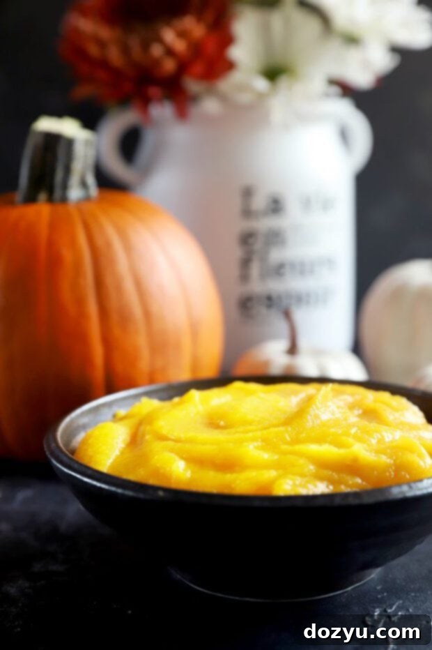 Side view of pumpkin puree in a bowl with a sprig of rosemary