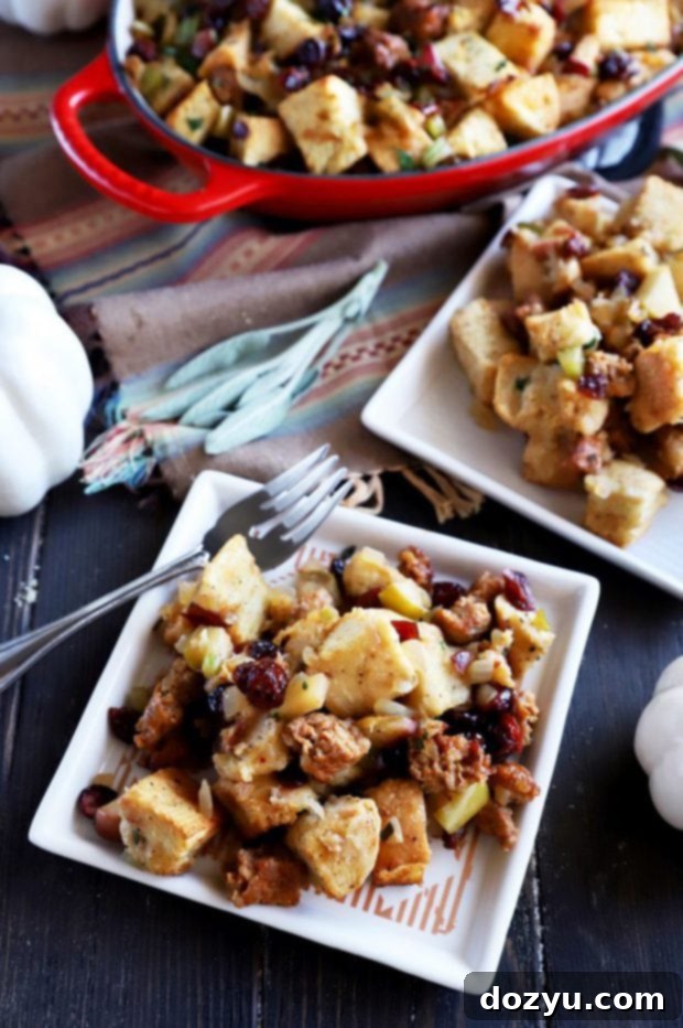 Harvest Apple, Caramelized Onion, and Sausage Stuffing 3 Plates of delectable sausage stuffing garnished with fresh herbs