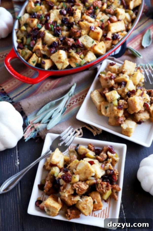 Harvest Apple, Caramelized Onion, and Sausage Stuffing 8 Serving traditional Thanksgiving stuffing from a baking dish