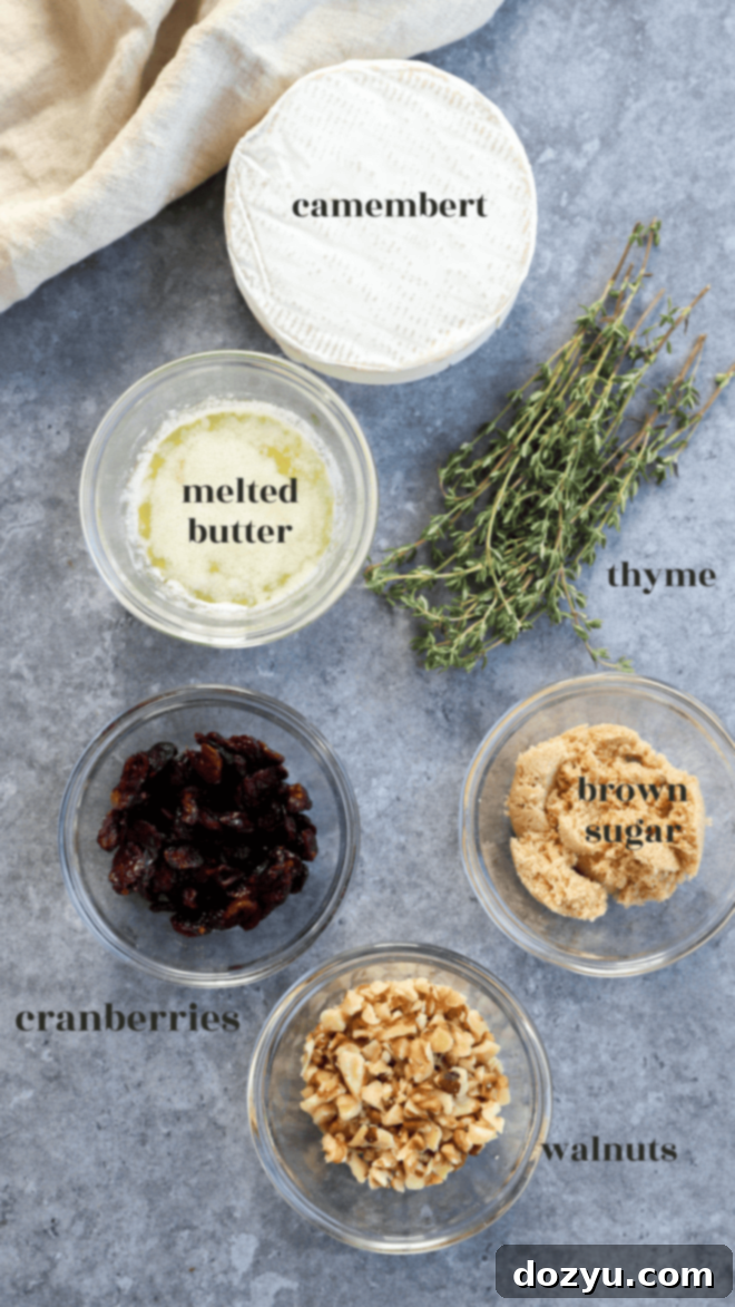 Baked Camembert with Cranberries and Walnuts Ingredients arranged on a surface