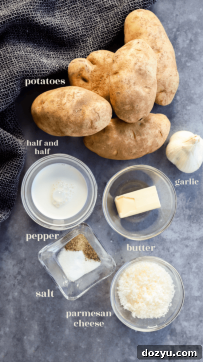 Instant Pot mashed potato ingredients laid out in bowls with text labels.
