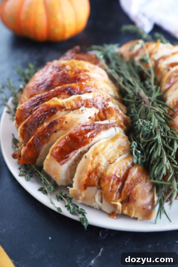 Side photo of sliced beer brined turkey breast on a serving dish, ready to be enjoyed.