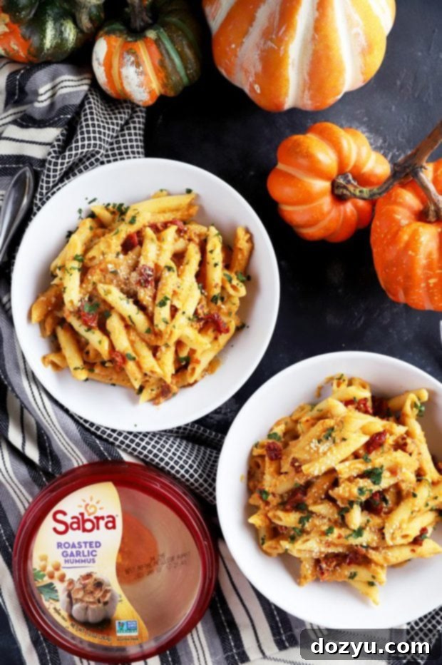Tub of Sabra Roasted Garlic Hummus, a key ingredient for the pumpkin pasta dish