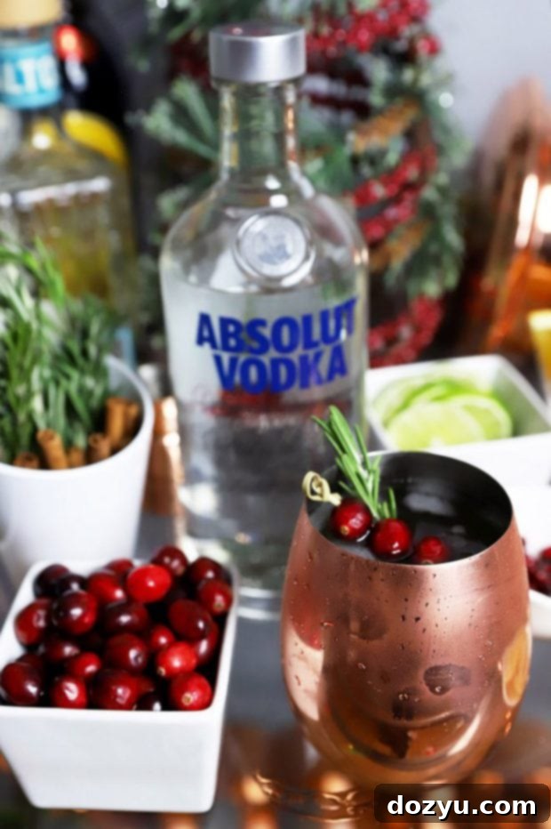 Your Festive Mule Cocktail Hub 5 Classic Moscow Mule in a copper mug with cranberries and rosemary