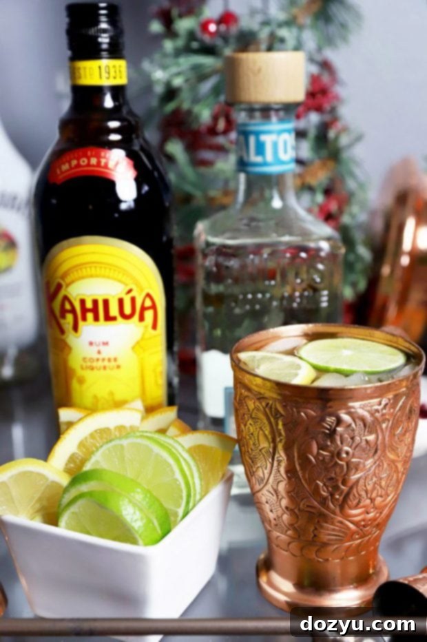 Your Festive Mule Cocktail Hub 8 Coffee Mule with Altos Tequila and Kahlúa Original on a bar cart