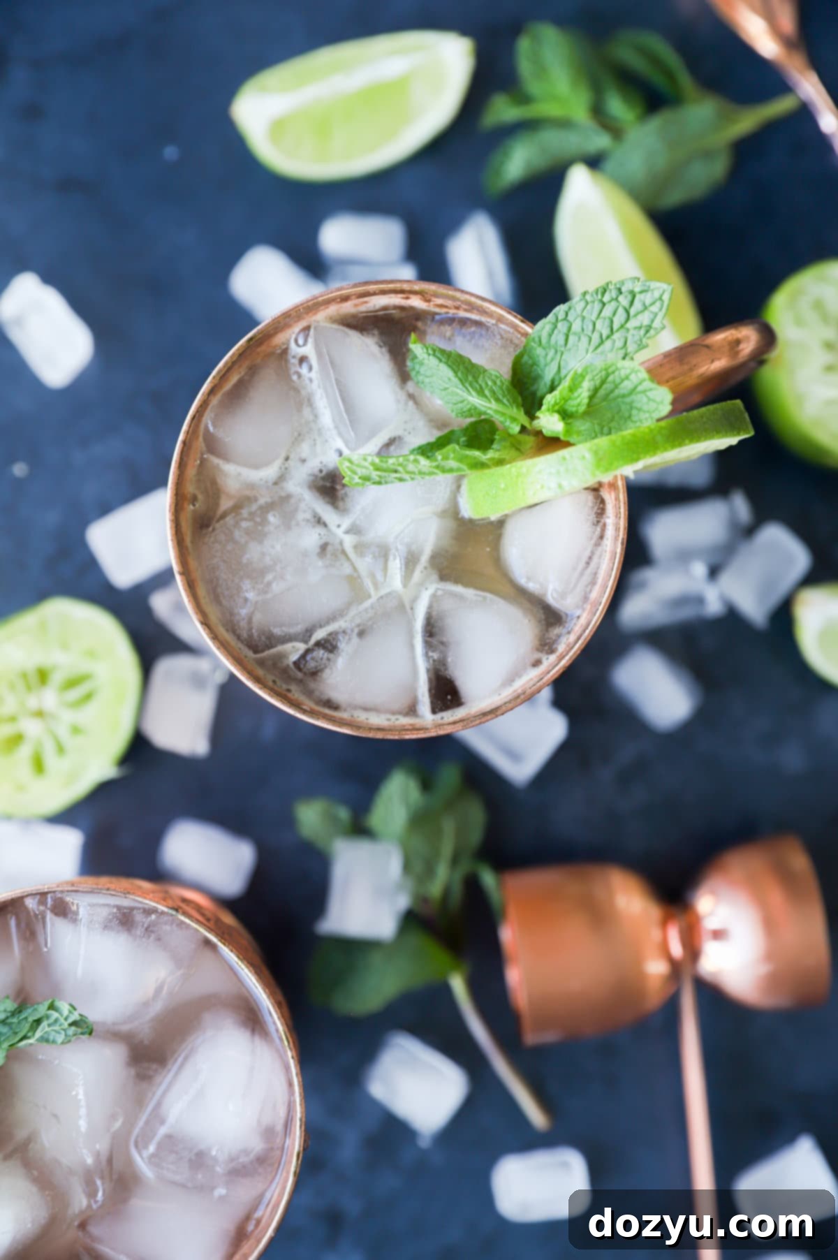 Overhead image of bourbon mule in copper mugs